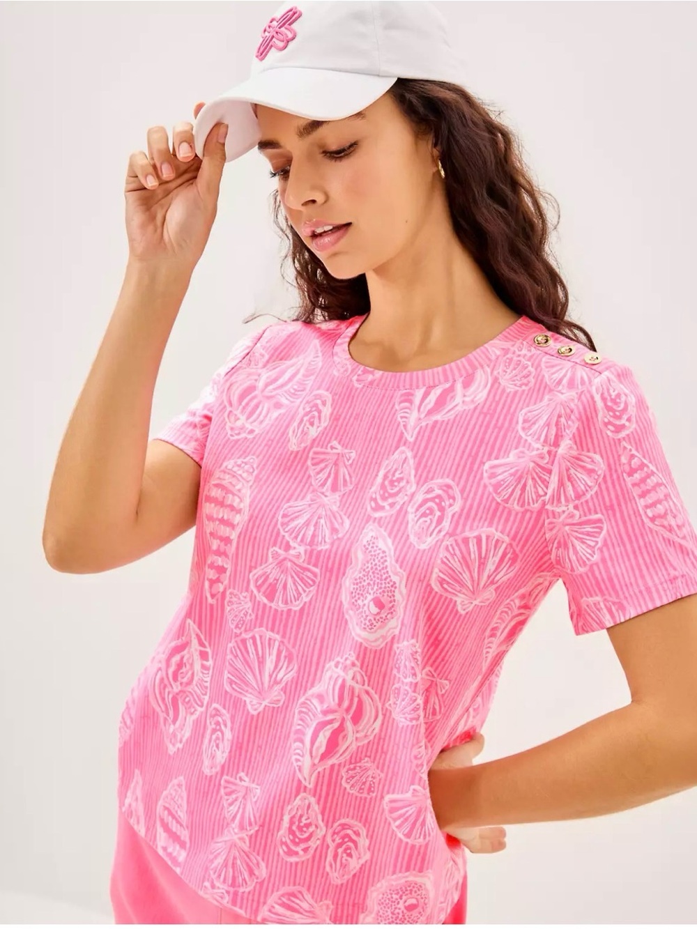 New nwot Lilly Pulitzer Barreto Knit Top pink shell gold button cotton knit
